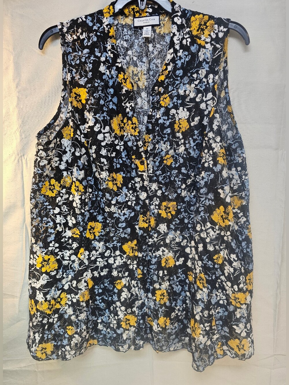Charter Club Black Floral Sleeveless Top with Yellow & Light Blue Accents